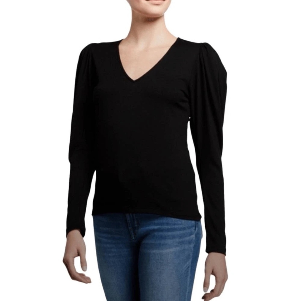 Frame Denim Black V-Neck Long Sleeve Top Puff Sleeves Small